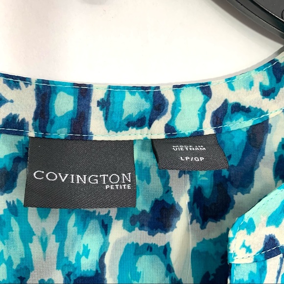 Covington Petite Women's Blue White Aqua V-Neck Button Down 3/4 Sleeve Blouse - Picture 8 of 12